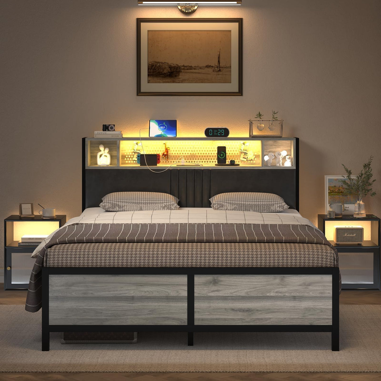 Full Bed Frame with Storage and Charging Station, Upholstered Bed Frame Full with LED Lights, Heavy Duty Metal Slat Support, No Box Spring Needed, Noise-Free, Easy Assembly, Noise-Free, Wash Grey CHABUILDREARK