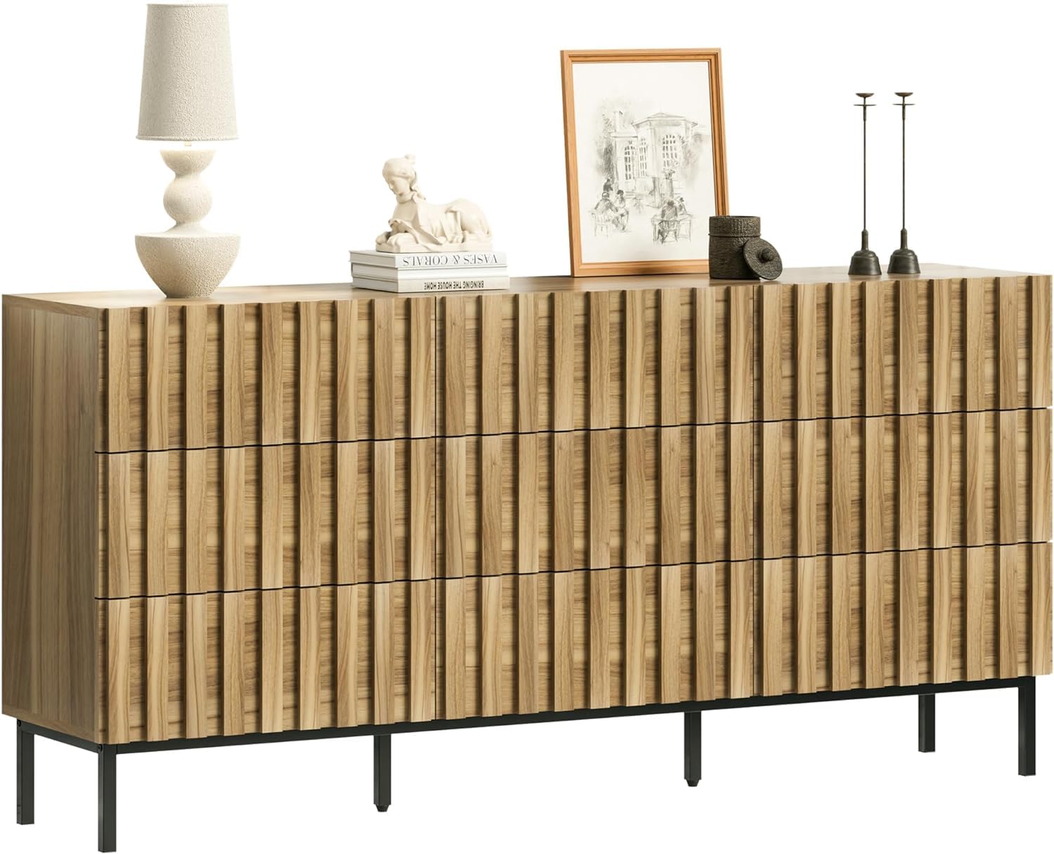 UEV Mid Century Modern Dresser,9 Drawer Dresser for Bedroom Natural Wood,Light and Fluted Double Chest of Drawers,Accent Large Storage Dresser with Metal Stand - WoodArtSupply