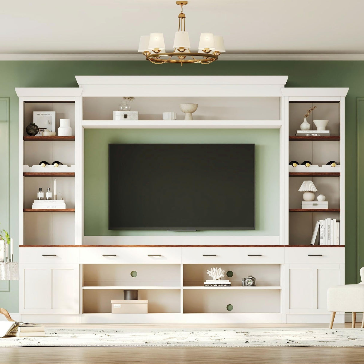 Merax Modern 4 Piece TV Stands with Bookshelf & Wine Rack for Televisions Up to 70'', Wood Large Entertainment Center w/Storage Cabinets, Media Console for Living Room Bedroom, White Merax