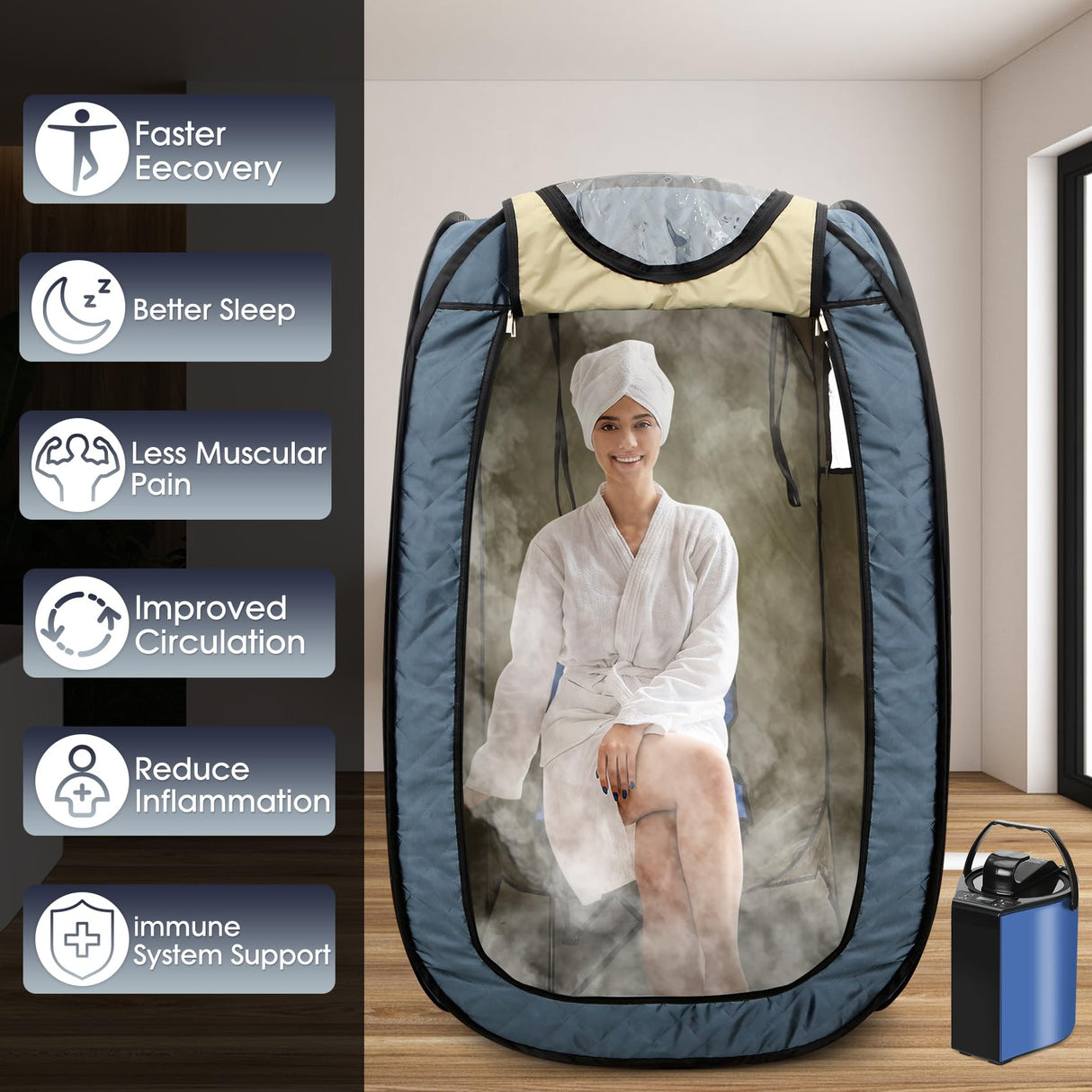 Portable Steam Sauna, Steam Saunas for Home, Personal Sauna for Home, Pop up Sauna Box Tent with 3 L Steamer, 9 Levels, UV Atomization,90 MinTimer, Remote Control, Folding Chair-Blue Sunakie