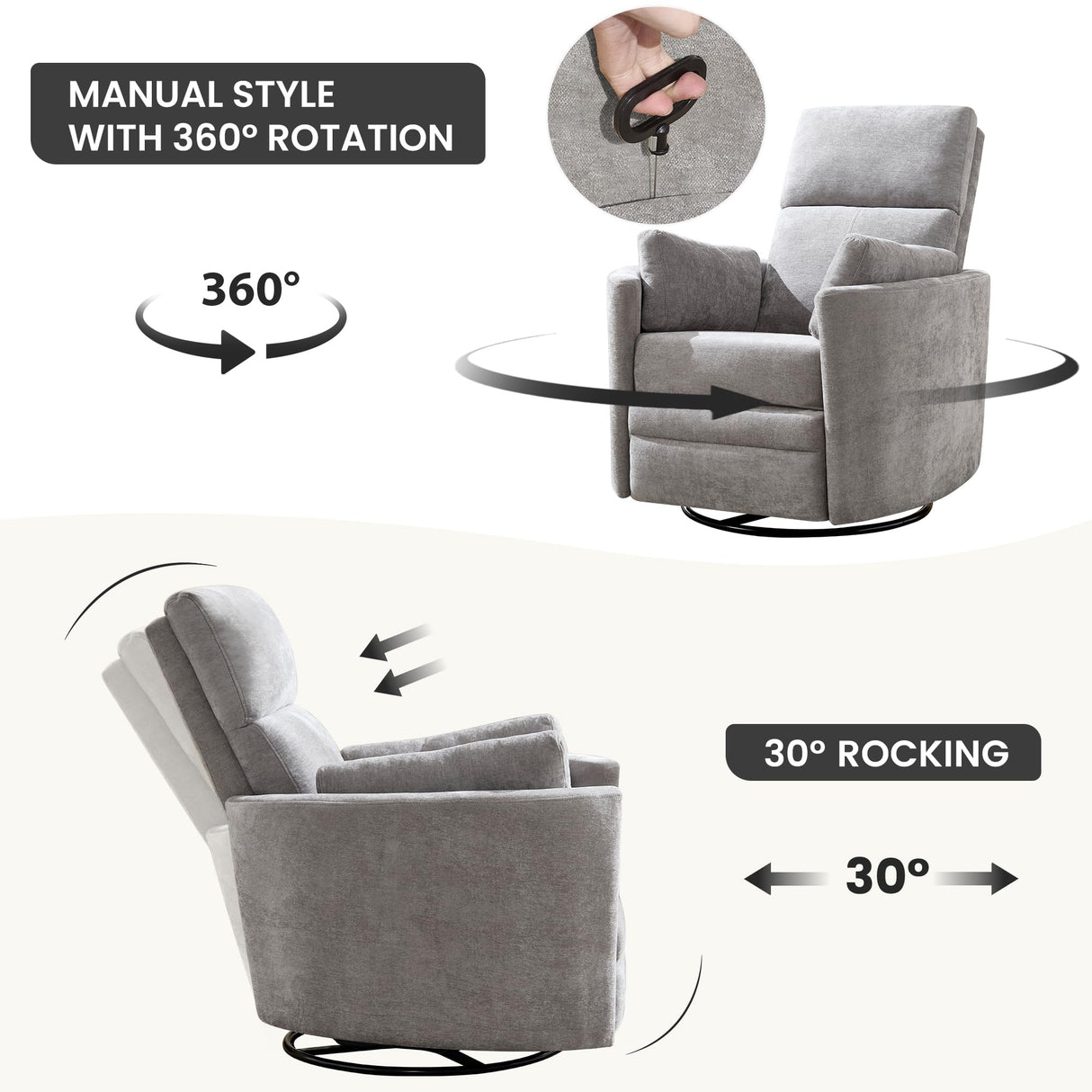 Recliner Swivel Rocking Glider Chair, Upholstered Nursery Adult Recliner Rocking Chair with 2 Pillows for Living Room Bedroom(LIGHTGREY, Manual Operation) choairy