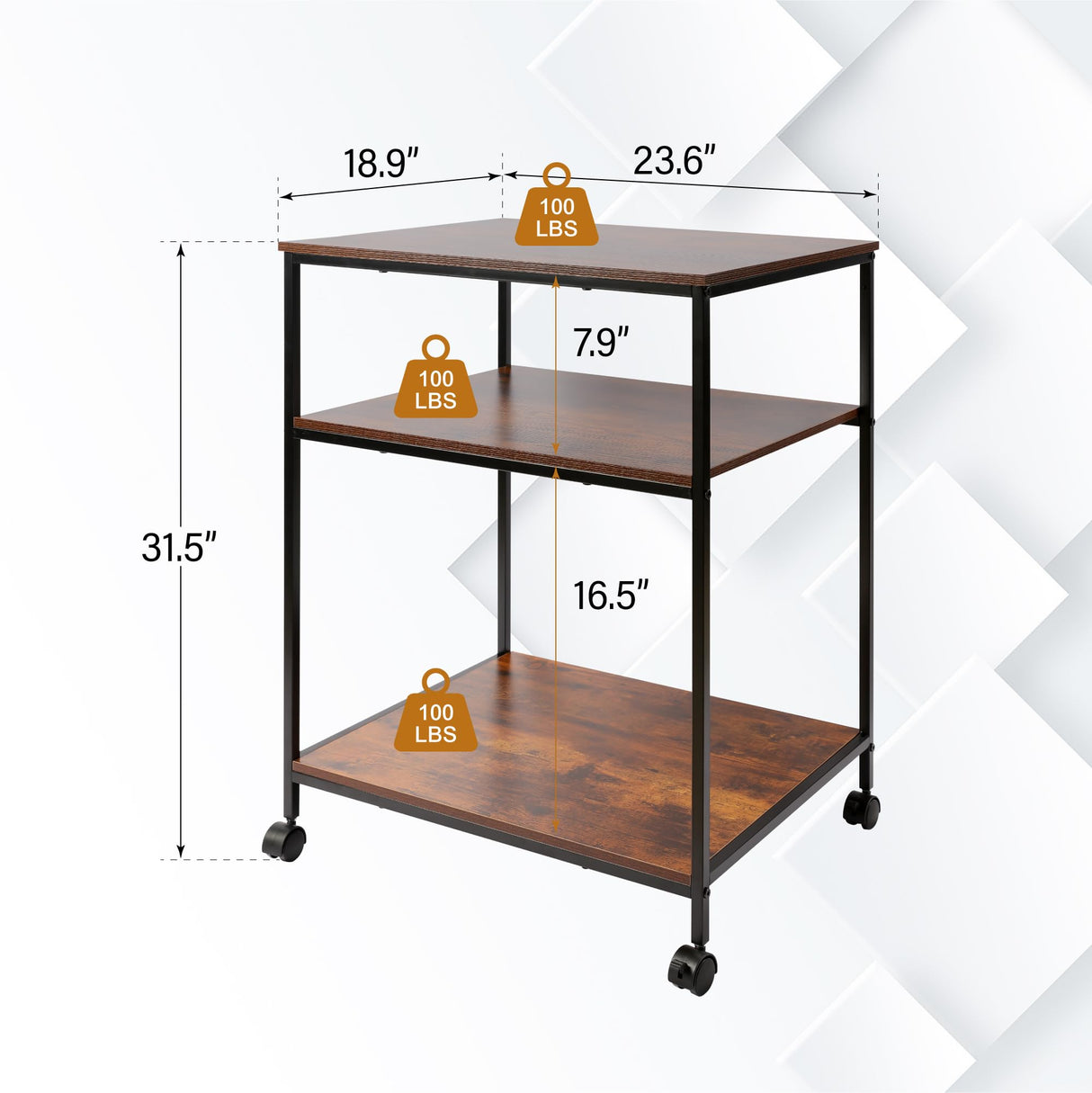 EMERIT Large Printer Stand, 23.6" W x 18.9" D x 31.5" H Printer Table with Adjustable Storage Shelf, 3 Tier Rolling Laser Printer Cart with Wheels for Home Office- Support 100 LBS Each Tier EMERIT