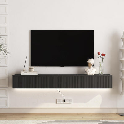 Resenkos Floating TV Stand, Wall Mounted TV Shelf with Led Lights & Power Outlet, Modern Entertainment Center with Storage, 68.8'' Media Console TV Stands for Living Room, Bedroom, Black