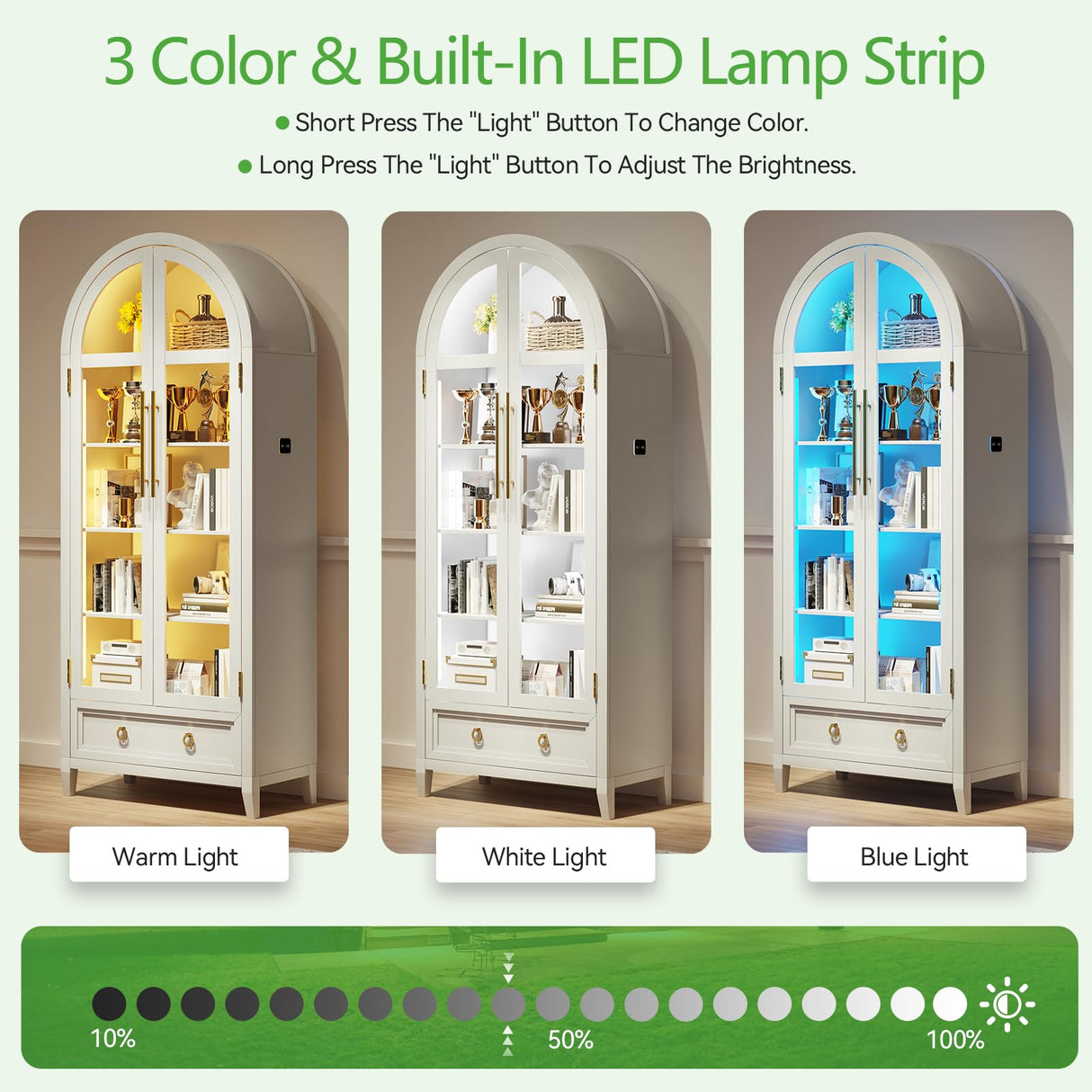 HNEBC Book Shelf with LED Lights, Arched Display Case with Storage Cabinet, Smart Pantry Cabinet with Glass Door, Bookcase, Toy Organizer with Solid Wood Legs for Livng Room/Bedroom Furnniture-White HNEBC