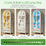 HNEBC Book Shelf with LED Lights, Arched Display Case with Storage Cabinet, Smart Pantry Cabinet with Glass Door, Bookcase, Toy Organizer with Solid Wood Legs for Livng Room/Bedroom Furnniture-White HNEBC