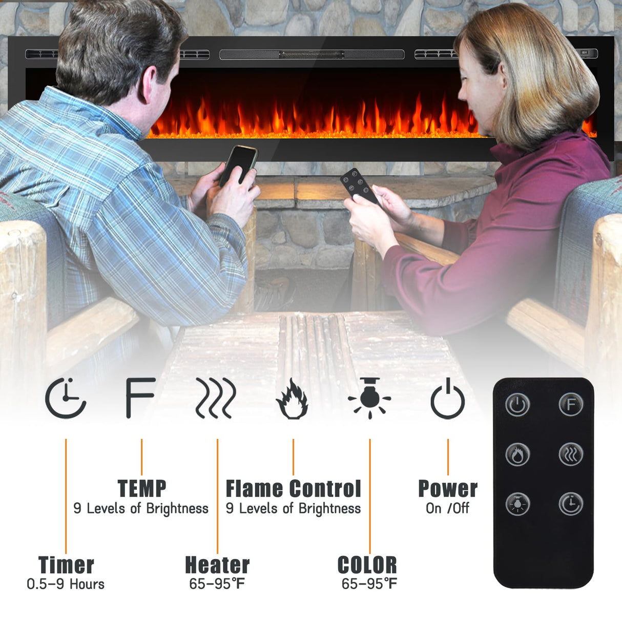 CharaVector 100 inch 750W/1500W Electric Fireplace Inserts with Remote Control in Wall Mounted, Energy Saving LED Insert Fireplace Heater Indoor Glass View with Remote Control & Touch Screen, Black CharaVector