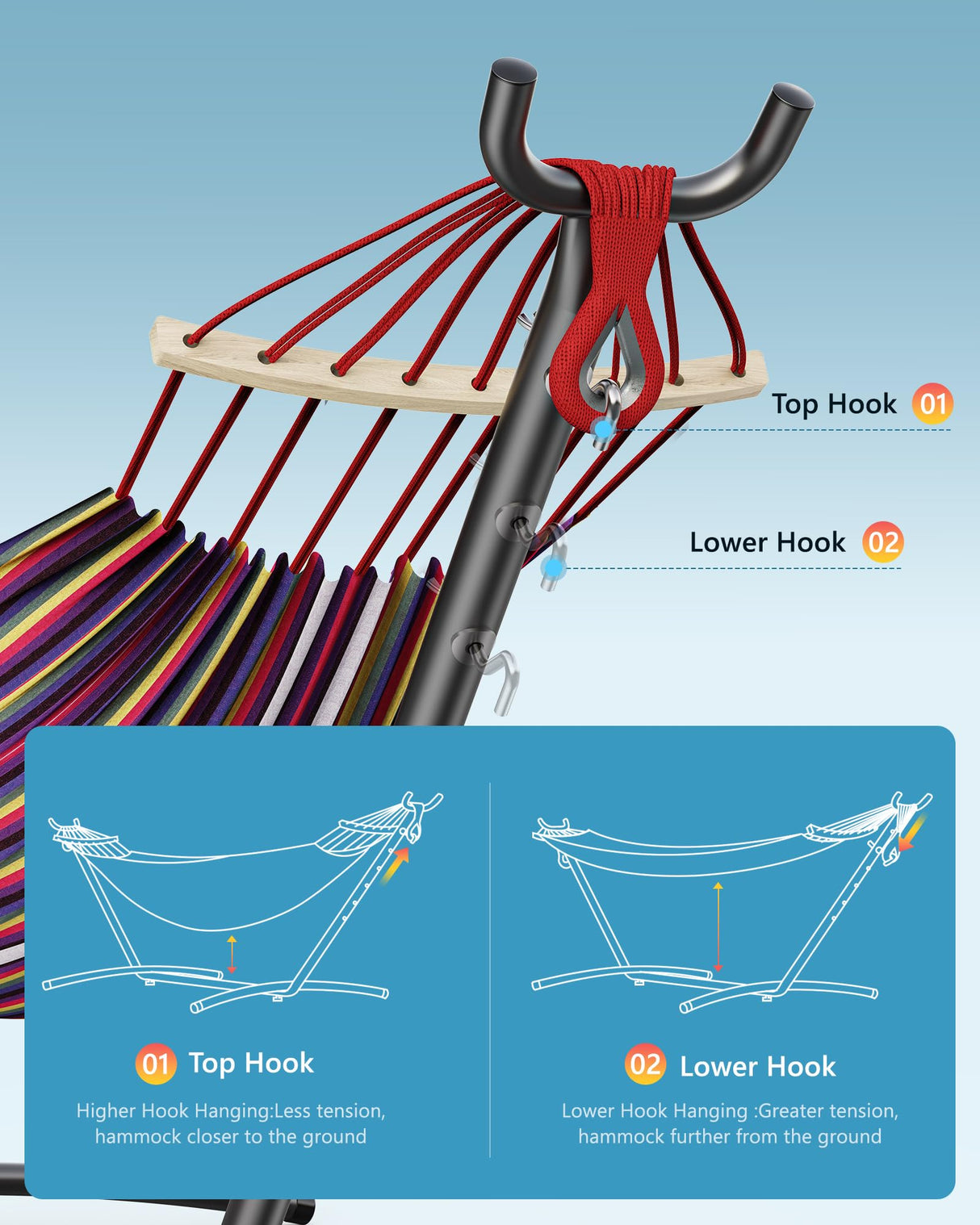 EveryFun Double Hammock with Heavy-Duty Steel Stand,Portable,Easy Assembly,600lbs Weight Capacity,Perfect for Indoor,Yard,Camping,or Outdoor-Rainbow Everyfun