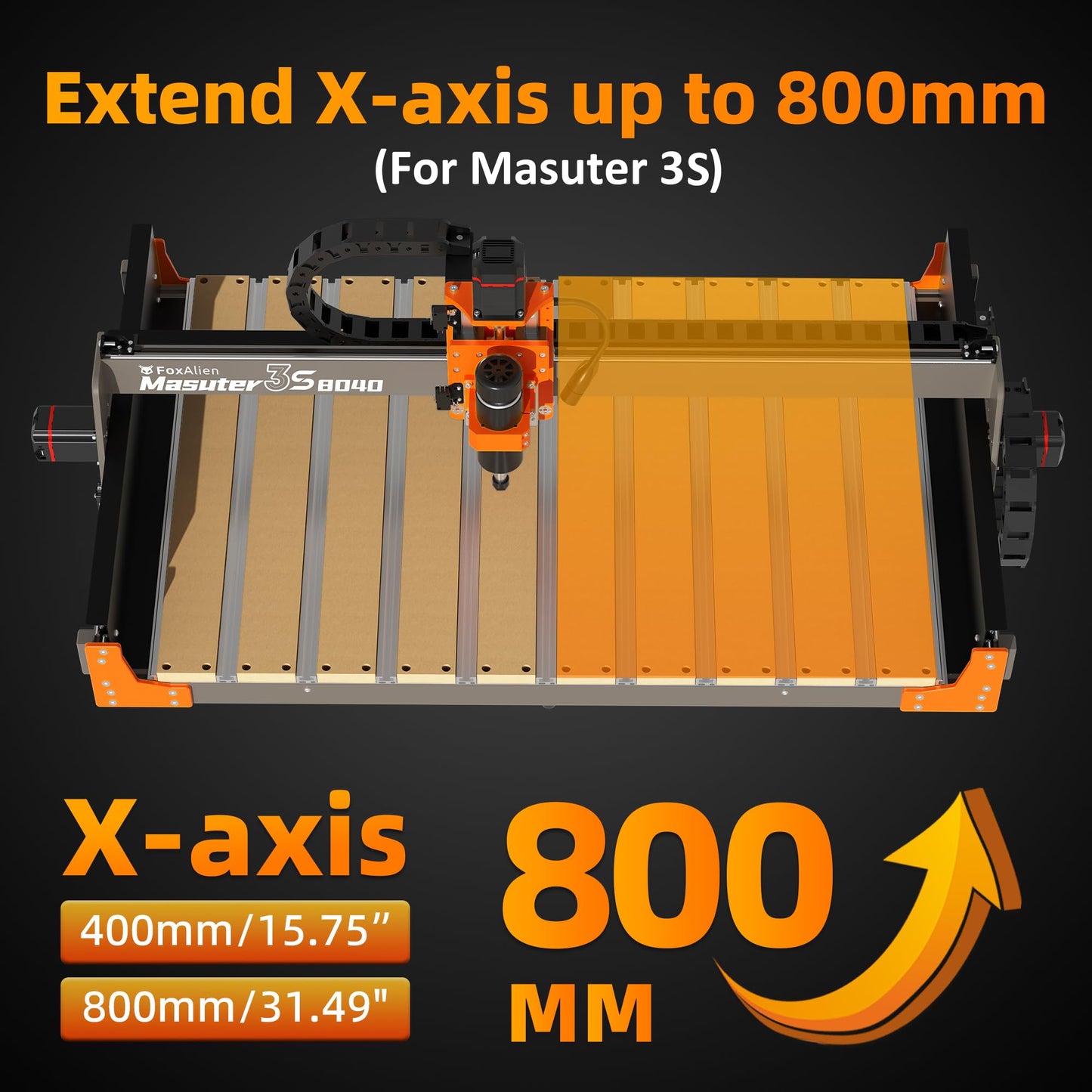 FoxAlien 3S 8040 X-axis Extension Kit with T-slot Hybrid Spoilboard for Masuter 3S CNC Router Machine, for Large Engraving Carving Projects (Extend X-axis to 800mm) - WoodArtSupply