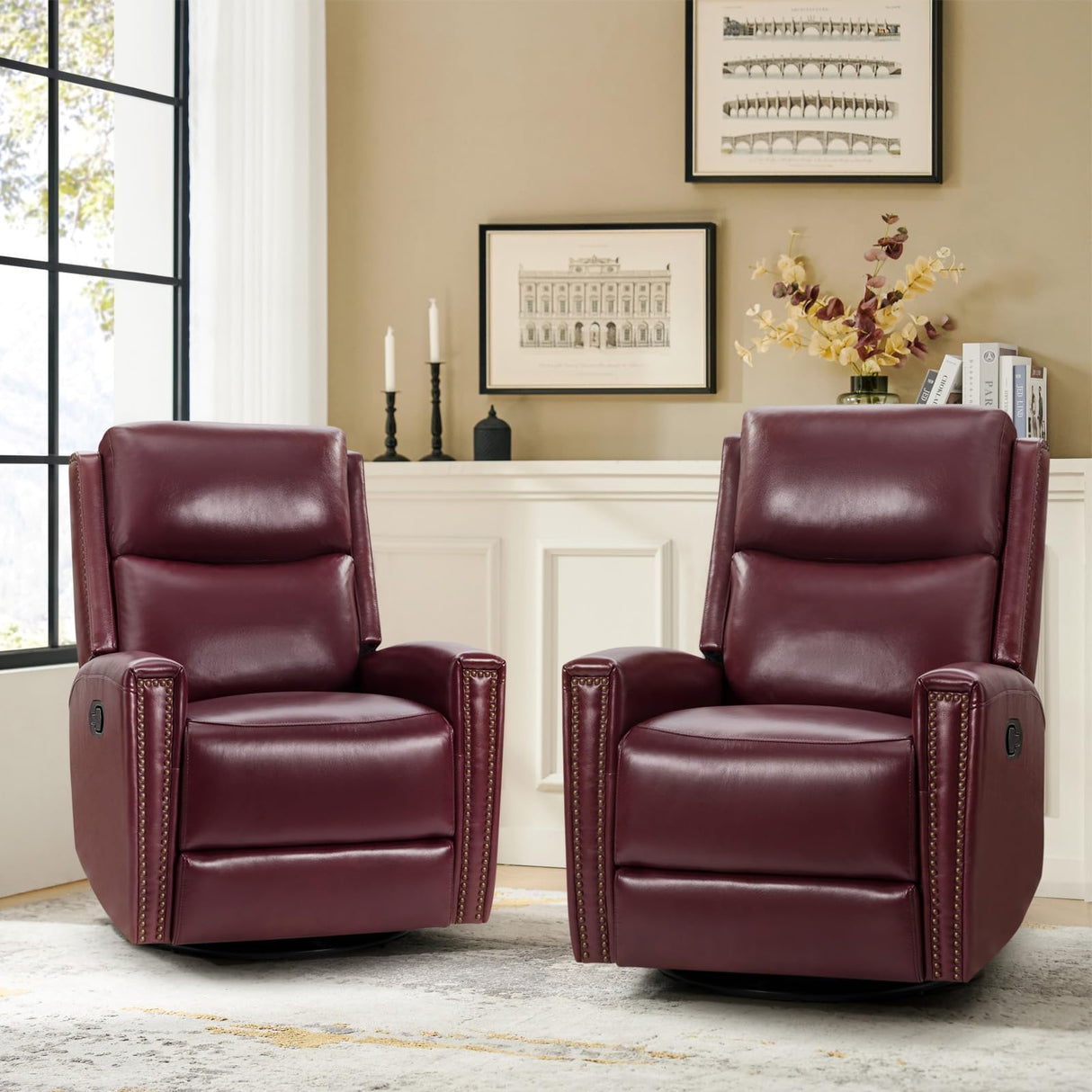 HULALA HOME Genuine Leather Swivel Rocker Recliners Set of 2, Manual Glider Recliner Chairs with Adjustable Backrest & Footrest, Burgundy HULALA HOME