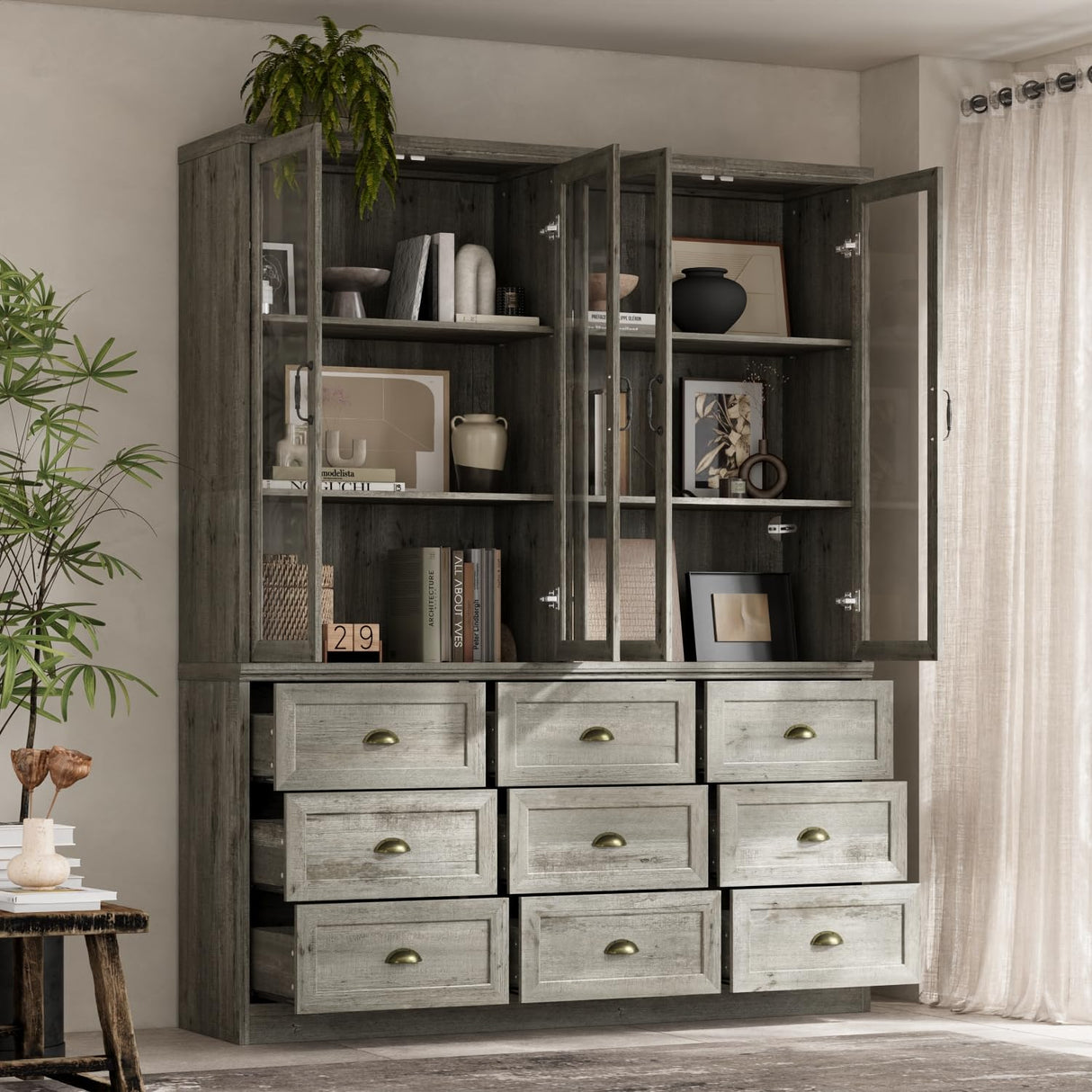 WOODTIME 78.7" H Display Storage Cabinet with Glass Doors, 9 Drawers & 3-Tier Shelves, Wooden Curio Cabinet Bookcase Bookshelf for Home Office Living Room Store, Grey WOODTIME