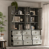 WOODTIME 78.7" H Display Storage Cabinet with Glass Doors, 9 Drawers & 3-Tier Shelves, Wooden Curio Cabinet Bookcase Bookshelf for Home Office Living Room Store, Grey WOODTIME