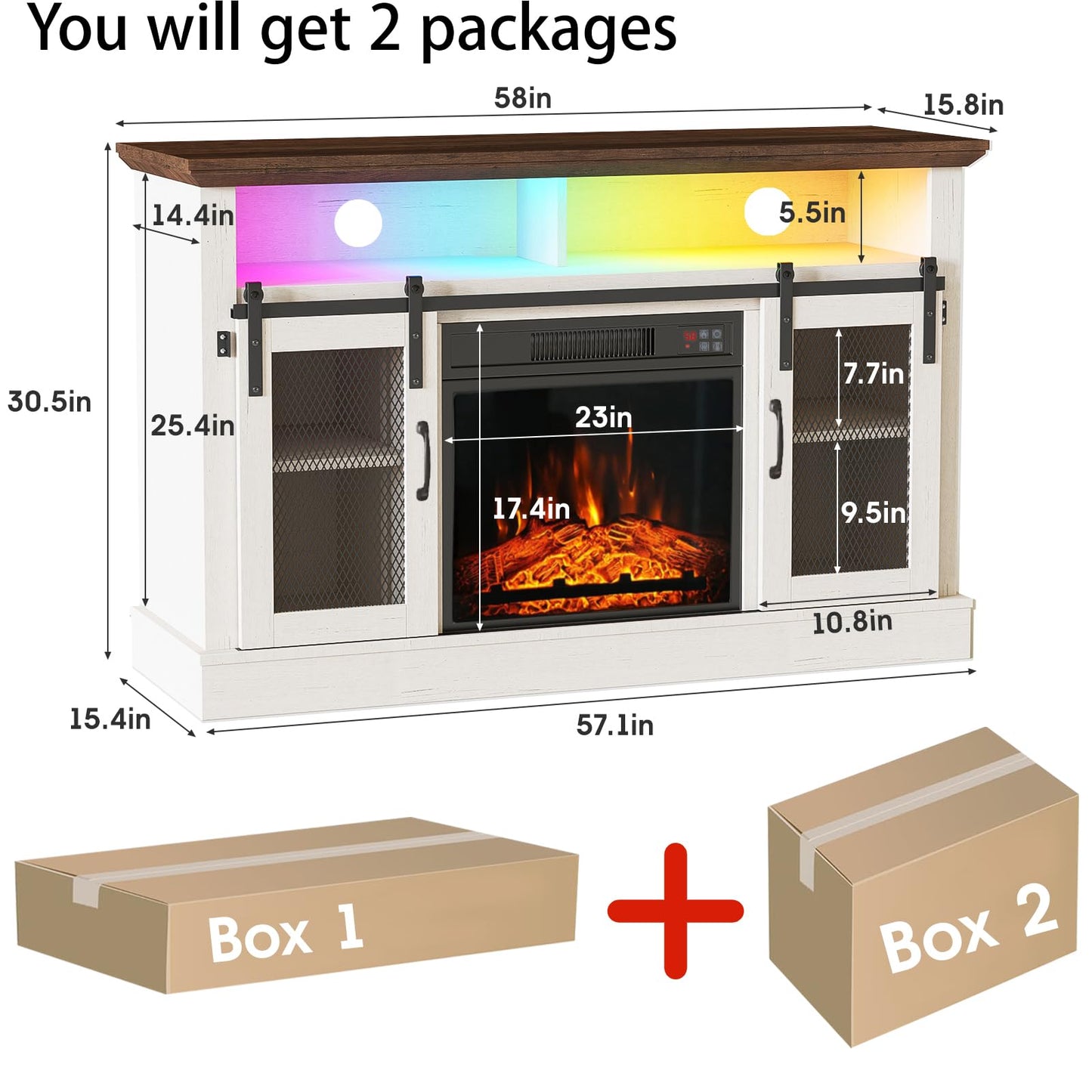 Fireplace TV Stand for TVs Up to 65 Inches, Farmhouse Entertainment Center with 23" Fireplace & LED Lights, Modern Media Console Table with Sliding Barn Door, White