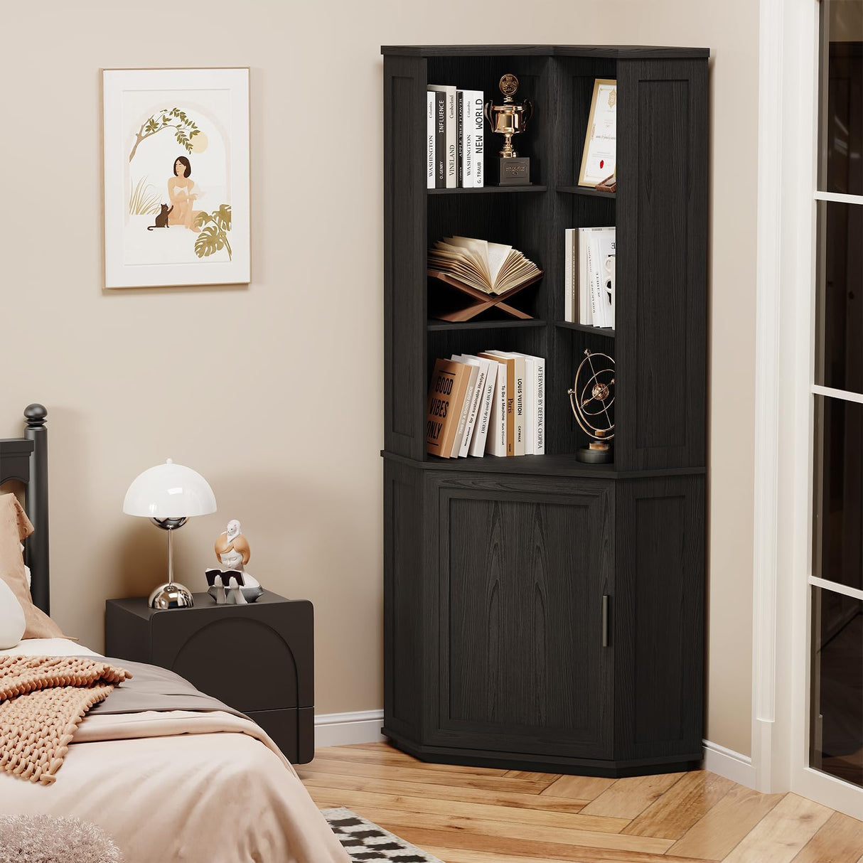 BROTTAR Corner Bookshelf, 67" Tall Corner Bookcase with Large Storage, Storage Cabinet for Books, L-Shaped Bookshelf with Cabinet for Living Room, Home Office, Bedroom, Black BROTTAR