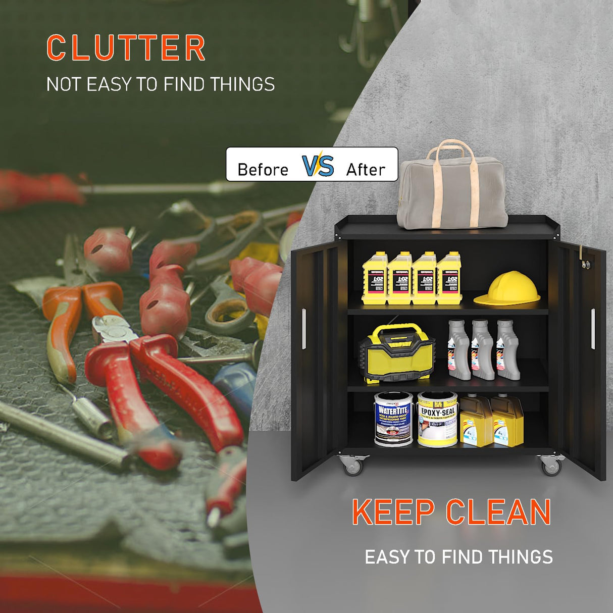 Washsemba Metal Garage Storage Cabinet with Wheels ，Lockable Rolling Tool Chest with Wheels, Tool Cabinet on Wheels, Utility Cabinet for Home, Office, Garage and Workshop (Black) Washsemba