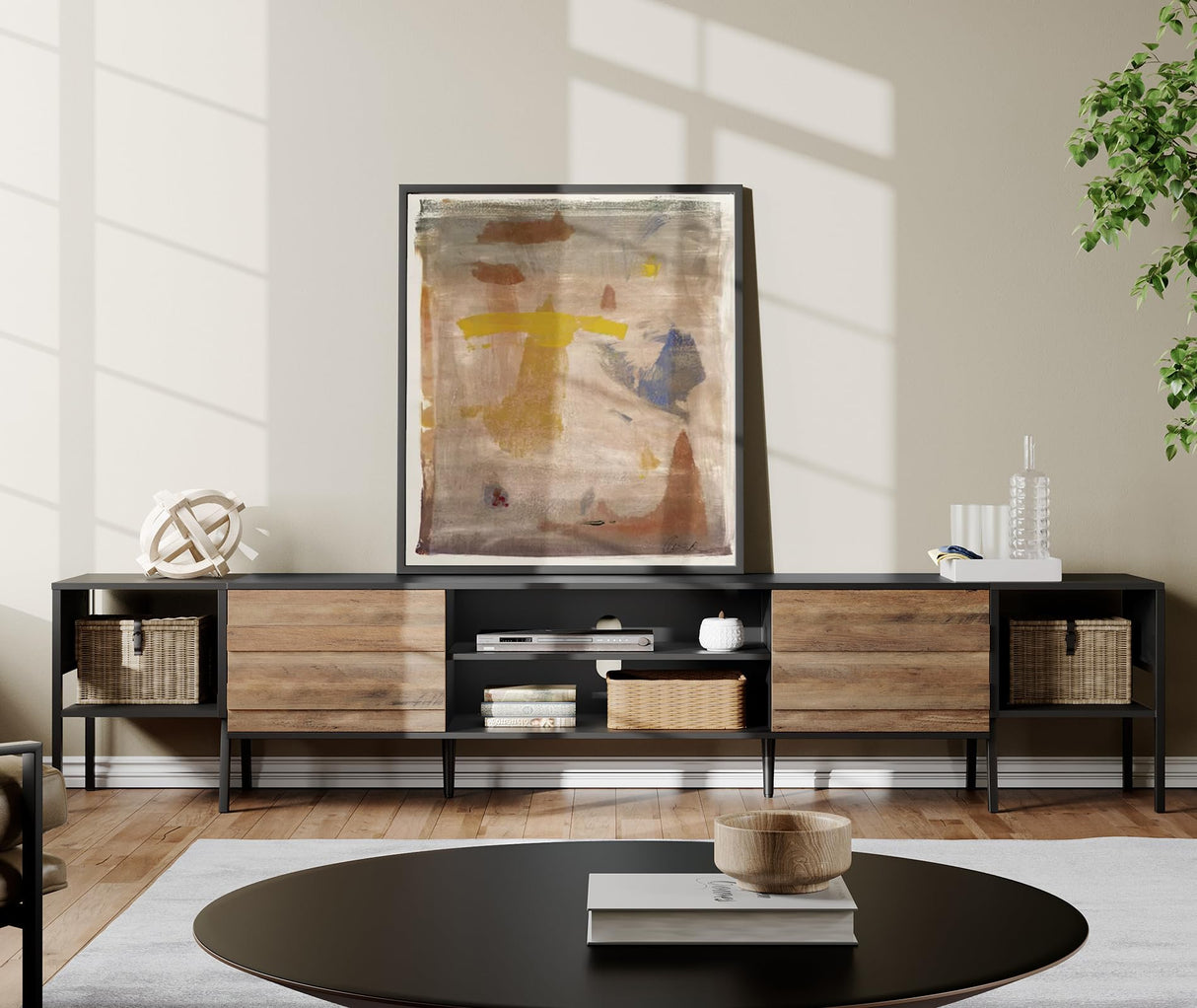 WAMPAT Mid-Century TV Stand for 100 Inch TV, Wood TV Console Media Cabinet with Storage for 85 90 95 inch TV Entertainment Center for Living Room Bedroom, Black & Oak WAMPAT