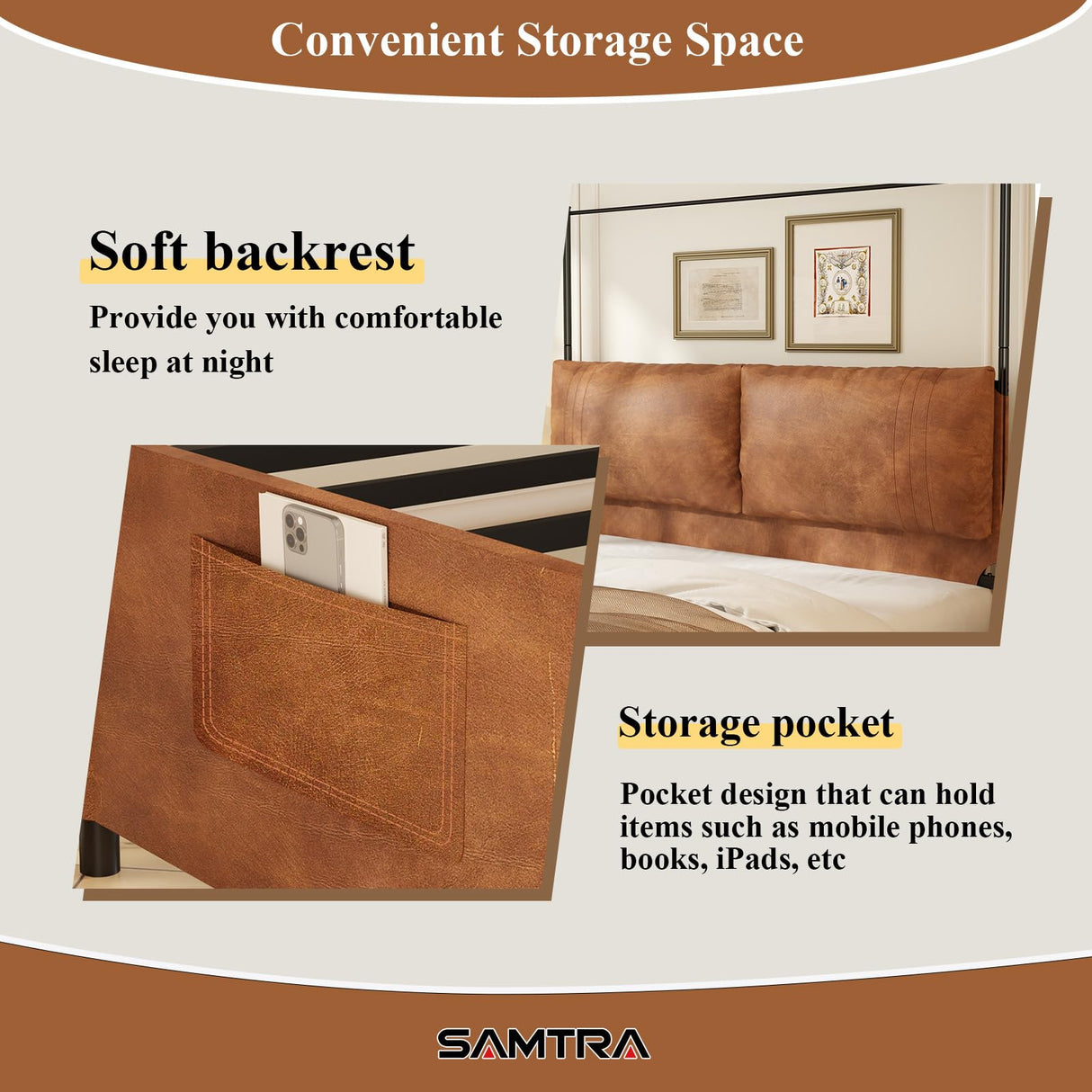 Modern Canopy Bed Frame with Upholstered Faux Leather Headboard – Tall Four Poster Metal Platform Bed, No Box Spring Needed, King Size, Brown and Black SAMTRA