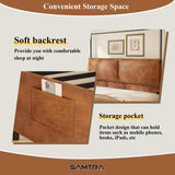 Modern Canopy Bed Frame with Upholstered Faux Leather Headboard – Tall Four Poster Metal Platform Bed, No Box Spring Needed, King Size, Brown and Black SAMTRA