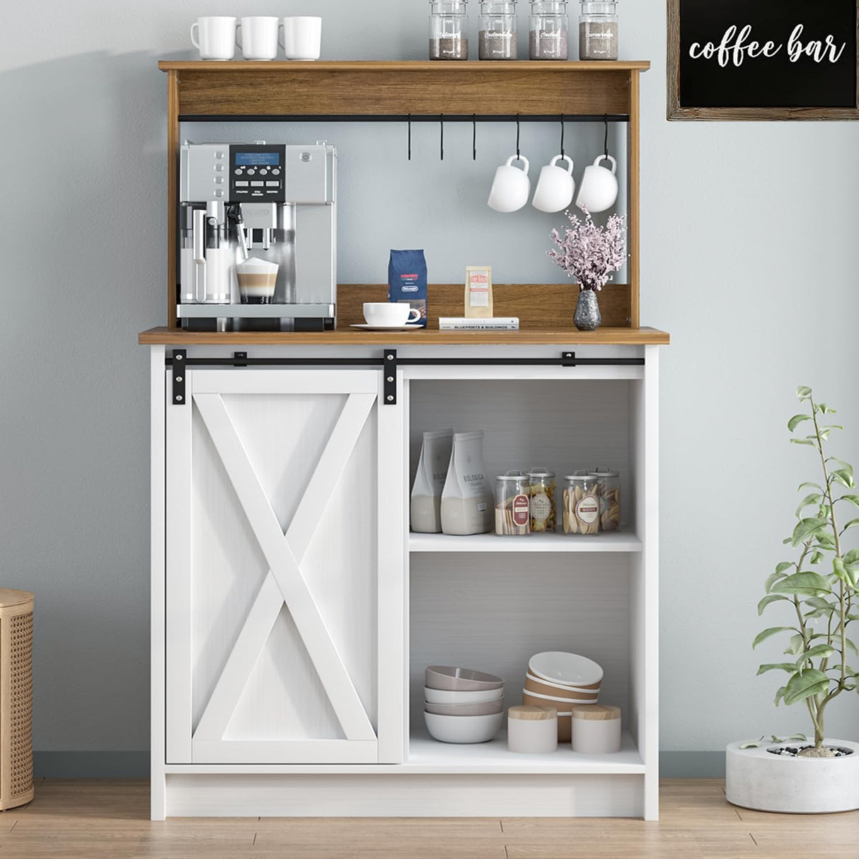 Farmhouse Style Coffee Bar Cabinet with Sliding Barn Door and 6 Hooks - 50 Inch White Buffet Storage 4ever2buy