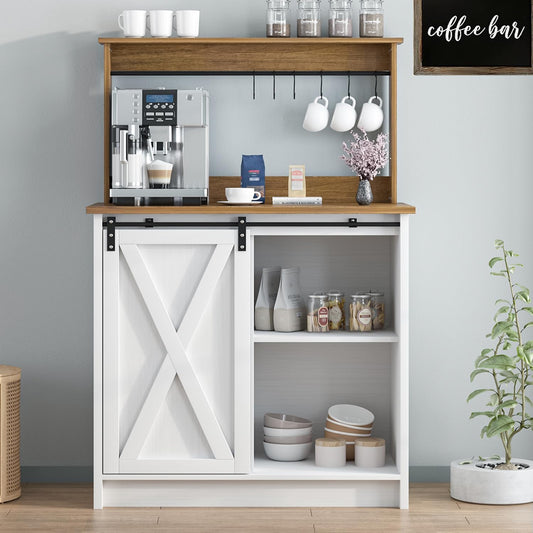 4ever2buy Farmhouse Coffee Bar Cabinet with 6 Hooks, White Coffee Bar Hutch with Storage, 50 Inch Buffet Cabinet with Sliding Barn Door, Coffee Bar Table with Adjustable Shelves for Living Dining Room