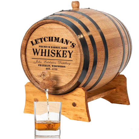 Thousand Oaks Barrel Co. Personalized 1 Liter Oak Aging Barrel Dispenser with Wood Stand, Bung & Spigot - Age Cocktails, Bourbon, Whisky, Rum, Tequila, Mead Wine - 1L Mini Whiskey Aging Barrels (P5) THOUSAND OAKS BARREL