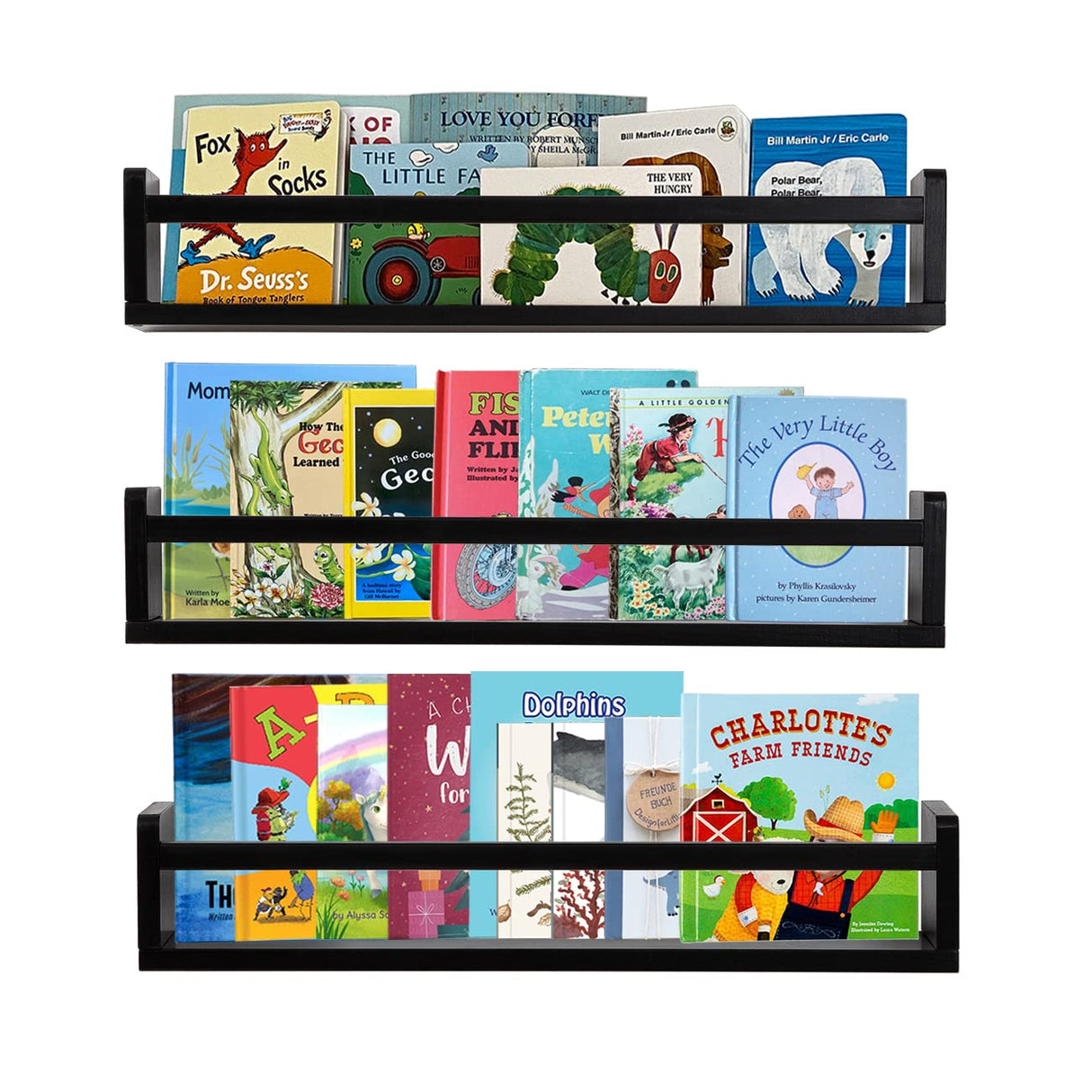 AZSKY Classic Nursery Book Shelves Black Wooden Floating Shelves Wall Bookshelf for Bathroom Decor Kitchen Spice Rack Organizer Kids Room 24 Inch Set of 3 AZSKY