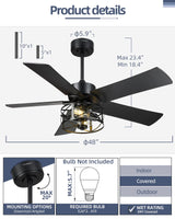 YOUKAIN Ceiling Fans With Lights, 48 Inch Farmhouse Ceiling Fans with Lights and Remote, 5-Reversible Blades with Matte Black/Wooden Finish, 48-YJ632-BKW YOUKAIN