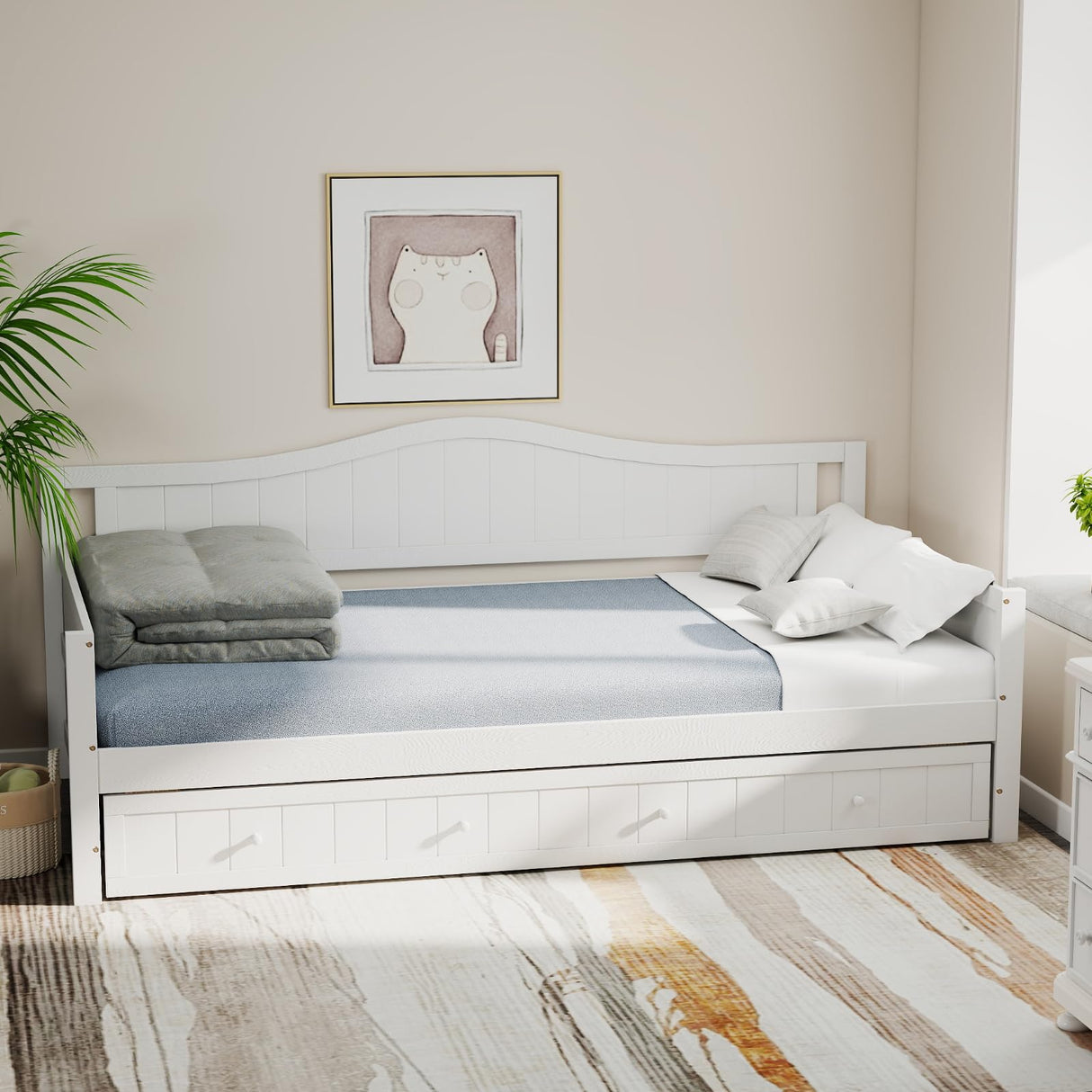 Sweetcrispy Twin Size Day Bed Frame with Trundle, Integrated Headboard & Armrests, Space-Saving Trundle Bed for Living Room, Bedroom, Guest Room, Sturdy Wood Construction for Adults and Kids, White Sweetcrispy