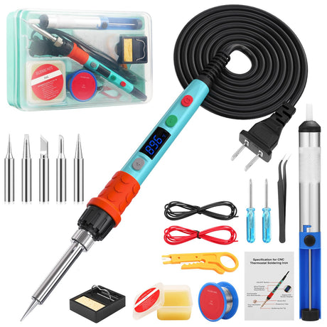 Soldering Iron Kit, 90W LED Digital Soldering Gun kit with Ceramic Heater, 110V Adjustable Temperature Solder Welding Iron Kits, Auto-sleep, Thermostatic Design, Blue Q-MING
