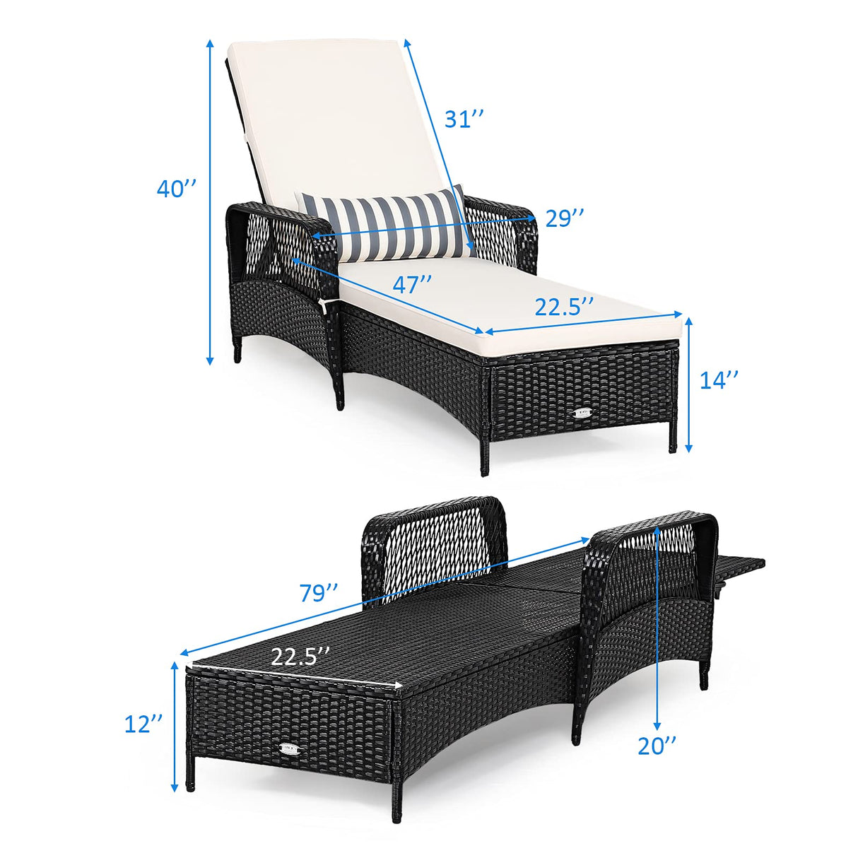 Tangkula Patio Wicker Chaise Lounge Chair, Outdoor Rattan Reclining Chaise w/ 6-Gear Adjustable Backrest, Thick Padded Cushion & Removable Lumbar Pillow, Ideal for Lawn, Beach, Balcony (Black) Tangkula