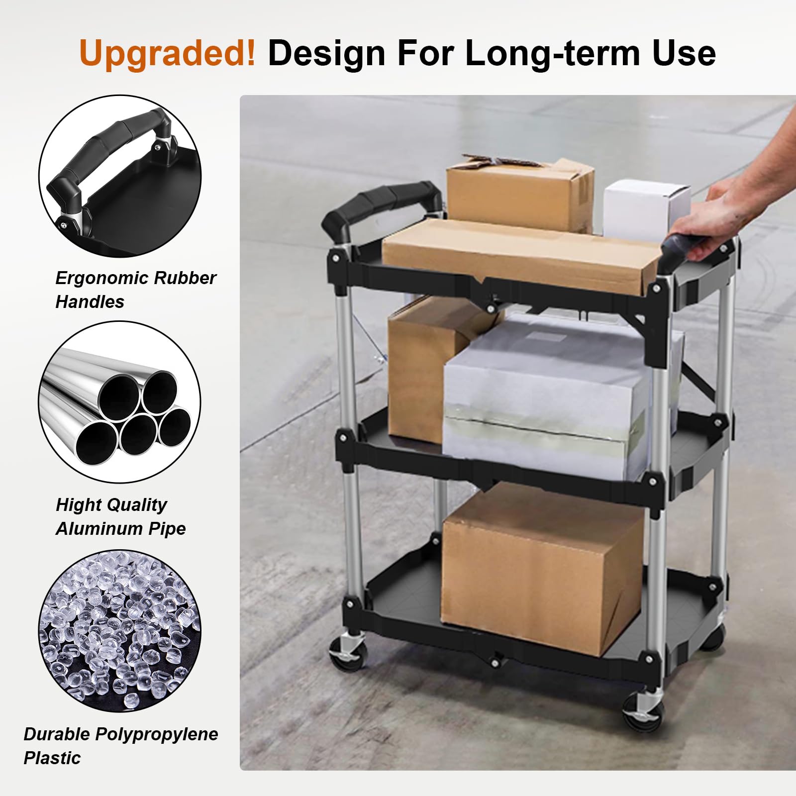 Himix Foldable Service Carts with Wheels, 3 Tier Portable Folding Utility Rolling Tool Cart, Collapsible Storage Cart, Holds 220lbs Plastic Push Cart - WoodArtSupply