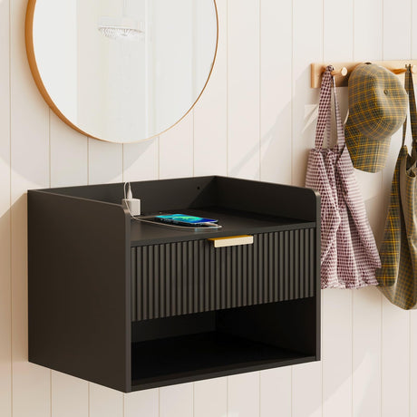 Arbuxzuy Floating Nightstand with Charging Station, Modern Wall Mounted Bedside Table with Drawer & Open Shelf, Minimalist Wooden Night Stand for Bedroom (Black) Arbuxzuy