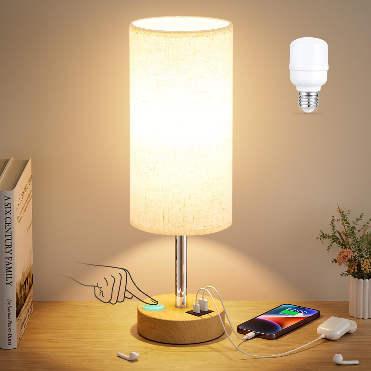 Touch Bedside Table Lamp with USB - 3 Way Dimmable Wood Lamp for Bedroom Nightstand, Desk Lamp with Charging Station for Dorm, Living Room, Office, Kids Room, Nursery, Small Dicoool
