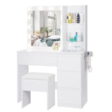 Lynxor Vanity Desk with Mirror and 12 LED Lights, Makeup Vanity Table with USB & Power Outlets, Spacious Storage Drawers, Shelves, and Cushioned Stool, Perfect for Bedroom, Hairdryer Holder, White Lynxor