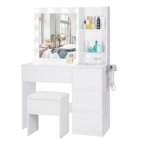 Lynxor Vanity Desk with Mirror and 12 LED Lights, Makeup Vanity Table with USB & Power Outlets, Spacious Storage Drawers, Shelves, and Cushioned Stool, Perfect for Bedroom, Hairdryer Holder, White Lynxor