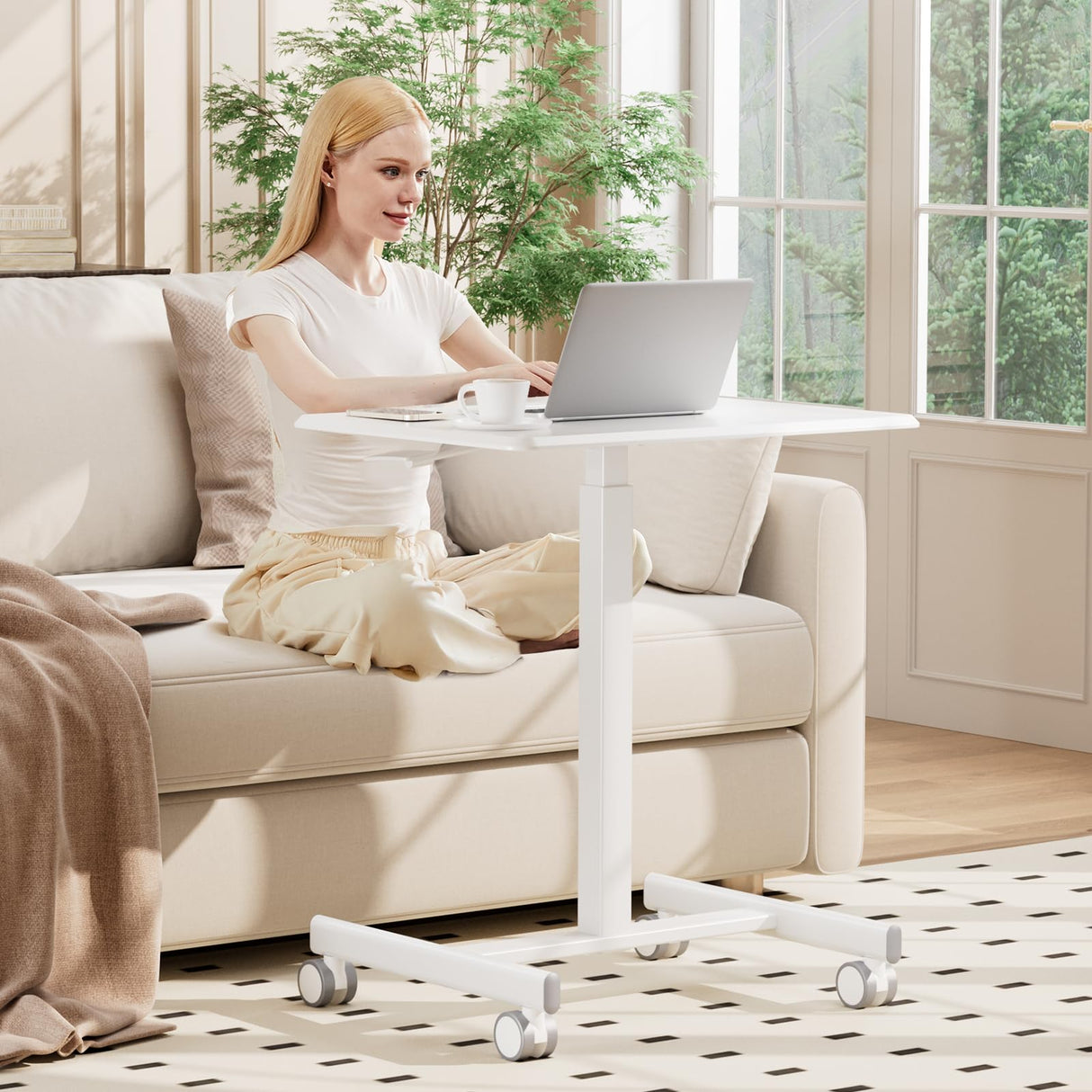 OLIXIS Small Standing Desk Adjustable Height, Portable Rolling Table on Wheels, 19 Inch Computer Mobile Desk Workstation for Home Office, White OLIXIS