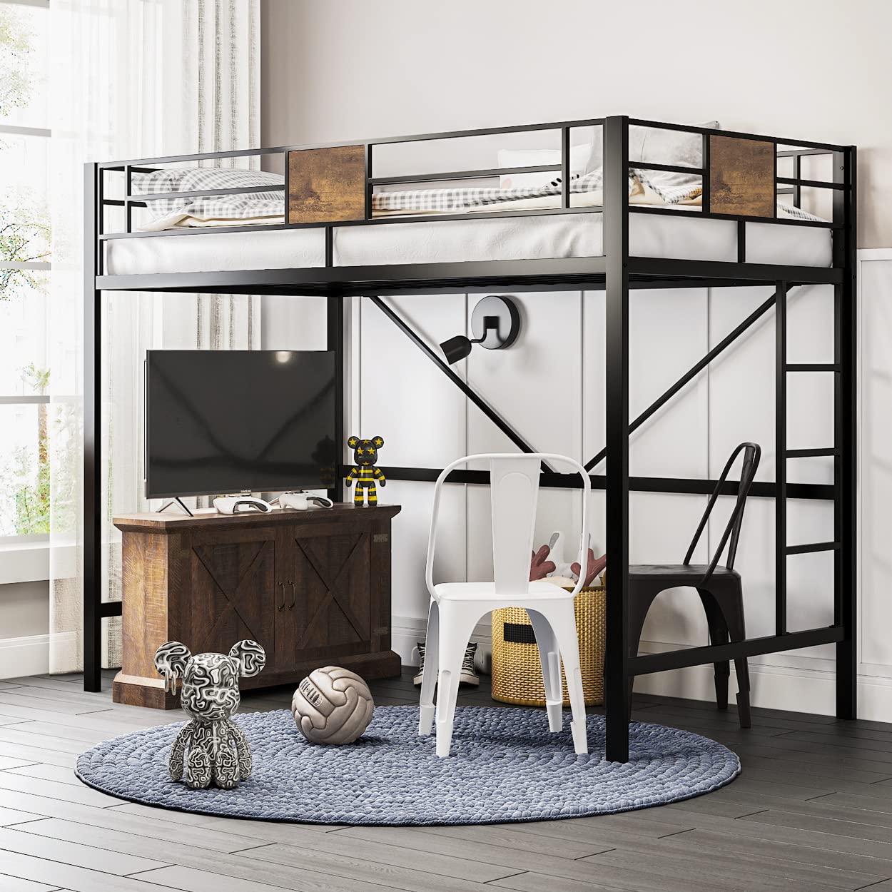 SHA CERLIN Black Metal Twin Loft Bed Frame with Stairs and Full-Length Guardrail - WoodArtSupply