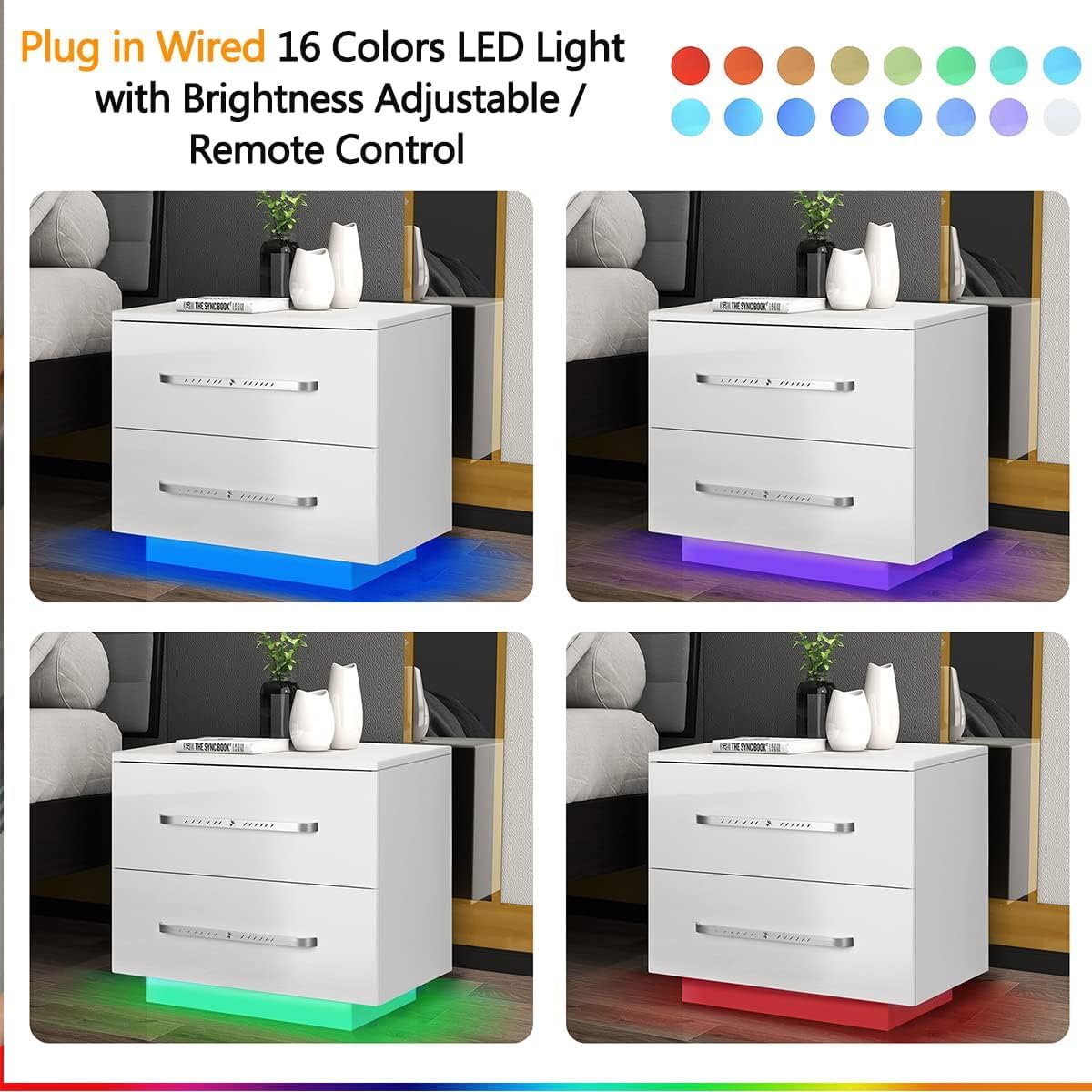 HOMMPA Small LED Nightstand Set of 2 White Nightstand with LED Light Modern Matte LED Bedside Table Night Stand with High Gloss Drawers for Bedroom Nightstand Furniture Set 19.7" Tall - WoodArtSupply