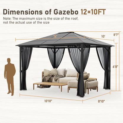 10x12 Hardtop Gazebos,Heavy Duty Gazebo,Outdoor Gazebo with Full Aluminum Frame,Polycarbonate Roof,Mosquito Netting,Permanent Metal Pavilion Gazebo for Backyards,Patios