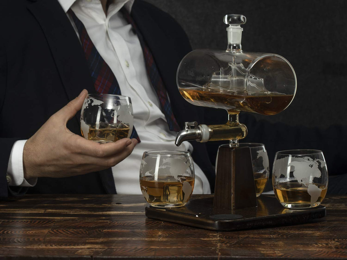 Whiskey Decanter Globe Set with 4 Etched Whiskey Glasses - for Liquor Scotch Bourbon Vodka, Gifts For Men - 1250ml Unique Ship Sails Set for Home Bar, Bourbon, Birthday Gift for Dad The Wine Savant