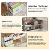 Farmhouse 67" H Executive Desk with Hutch,Office Desk with 4 Drawers and LED Light, Computer Desk with Storage Cabinet & File Drawers and Charging Station, Wood Workstation for Home Office and Study Vabches