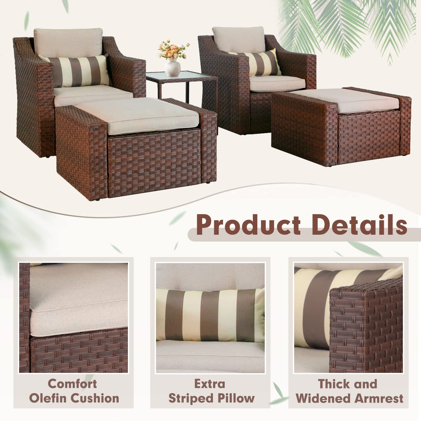 Crownland 5 Pieces Wicker Patio Conversation Set All Weather Outdoor Wicker Lounge Chair and Ottoman Conversation Set with Coffee Table & Cushions (Brown)