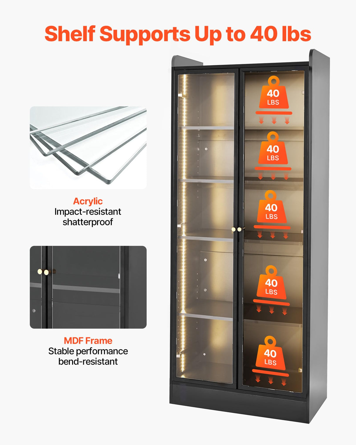 VEVOR Display Cabinet with Doors, 67 in Tall Lighted Display Case with 2 Adjustable Shelves, 5-Tier Curio Collectibles Storage Cabinet, Bookshelf Bookcase for Pantry Bedroom Living Room Office VEVOR