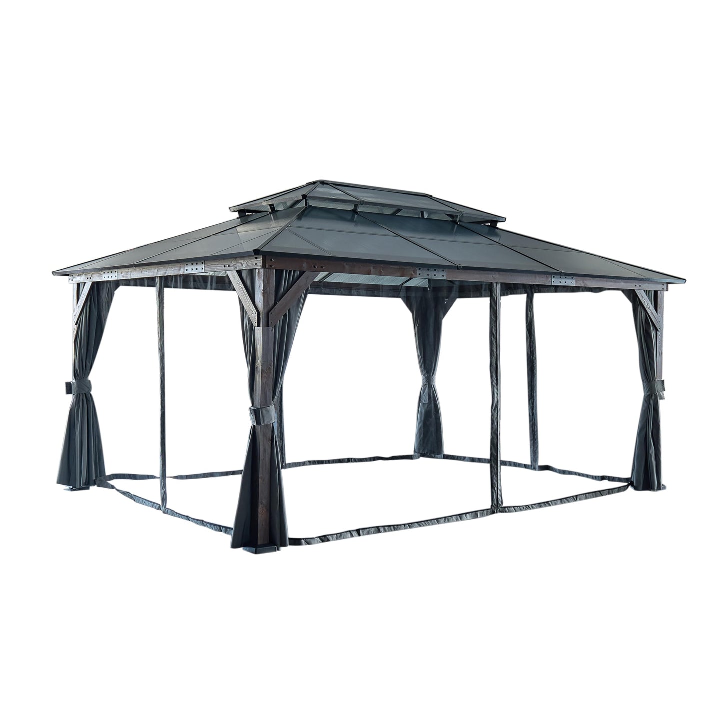 10' x 13' Hardtop Cedar Wood Gazebo for Patios, Outdoor Cedar Framed Gazebo with Double Metal Roof, Solid Wooden Framed Gazebo with Privacy Curtains and Mosquito Nettings for Garden (Black+Brown-10)