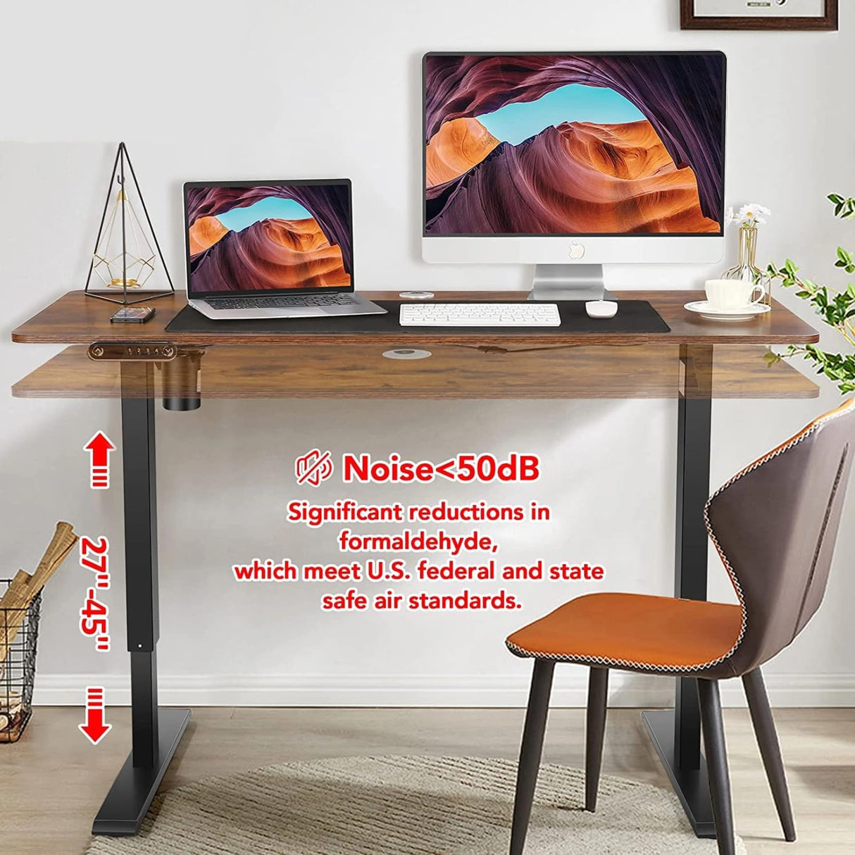 Legooin Standing Desk, 48'' X 24'' Adjustable Height Desk, Ergonomic Home Office Sit to Stand Desk, 27''-46'' Lifting Range Stand Up Desk with Double Hooks(Brown) Legooin