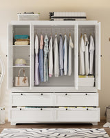 PLANNTONNEO Large White Wardrobe Closet with Drawers, Modular Closet System with Doors and Hanging Rods, Tall Large Armoire Ample Storage, Big Bedroom Armoires (4 Doors+4 Drawers) PLANNTONNEO
