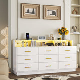 knoworld White 9 Drawer Dressers for Bedroom, Modern Large Dresser with LED Light and Power Outlet, Wooden Long Dresser, Triple Dresser for Bedroom, Living Room, Entryway, Hallway knoworld