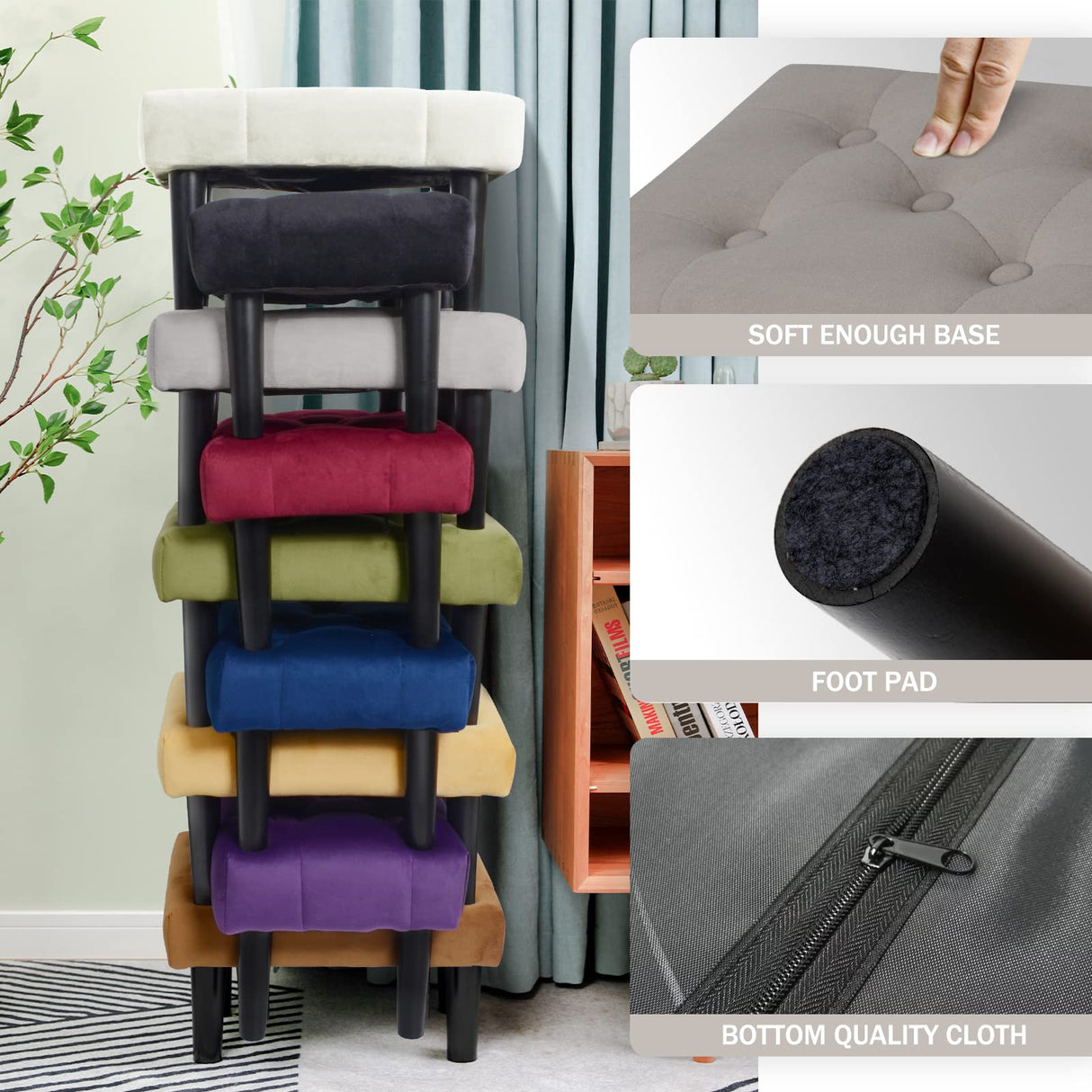 HOUCHICS Small Footstool Ottoman, Velvet Wooden Foot Stool Ottoman with Wood Legs, Sofa Footrest Extra Seating for Living Room Entryway Office(Grey 1PACK) HOUCHICS