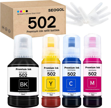Seogol Compatible Epson 502 T502 Refill Ink Bottles Replacement for Ecotank ET-2750 ET-3750 ET-4750 ET-2760 ET-3760 ET-4760 ET-2700 ET-3700 ET-3710 ET-15000 ST-2000 ST-3000 ST-4000 - 4 Pack seogol