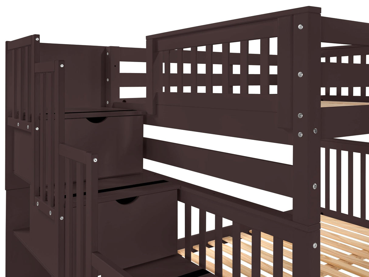 Bedz King Stairway Bunk Beds Full Over Full with 4 Drawers in The Steps and 2 Under Bed Drawers, Dark Cherry Bedz King