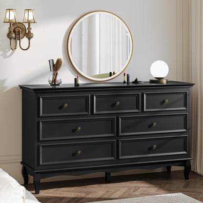 RoyalCraft Dresser for Bedroom, 7 Drawers Dresser with Distinctive Wooden Legs & Black Paint Finish, Black Drawer Dresser with Spacious Storage Space for Bedroom, Hallway